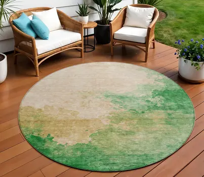 8' Peach And Green Round Abstract Washable Indoor Outdoor Area Rug