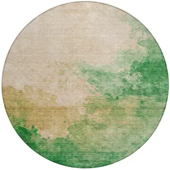 8' Peach And Green Round Abstract Washable Indoor Outdoor Area Rug