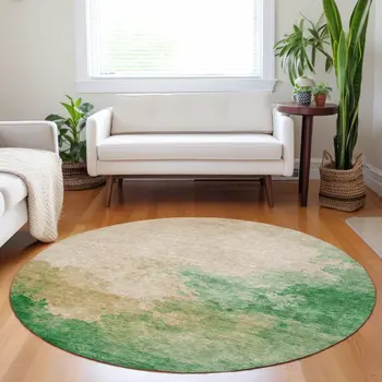 8' Peach And Green Round Abstract Washable Indoor Outdoor Area Rug