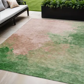 5' X 8' Pink And Green Abstract Washable Indoor Outdoor Area Rug