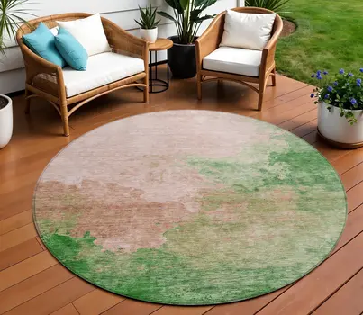 8' Pink And Green Round Abstract Washable Indoor Outdoor Area Rug