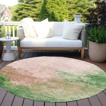 8' Pink And Green Round Abstract Washable Indoor Outdoor Area Rug