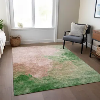 8' X 10' Pink And Green Abstract Washable Indoor Outdoor Area Rug