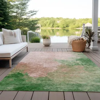 9' X 12' Pink And Green Abstract Washable Indoor Outdoor Area Rug