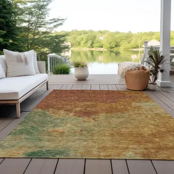3' X 5' Terra Cotta Copper And Green Abstract Washable Indoor Outdoor Area Rug
