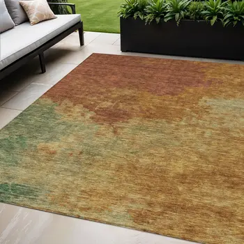 5' X 8' Terra Cotta Copper And Green Abstract Washable Indoor Outdoor Area Rug