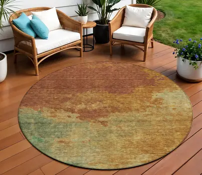 8' Terra Cotta Copper And Green Round Abstract Washable Indoor Outdoor Area Rug