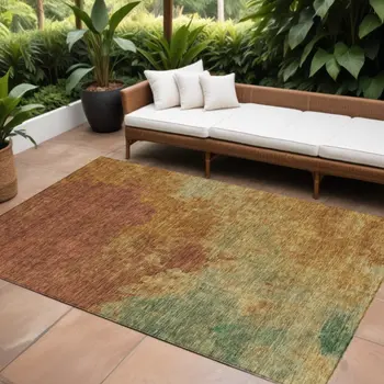 10' X 14' Terra Cotta Copper And Green Abstract Washable Indoor Outdoor Area Rug