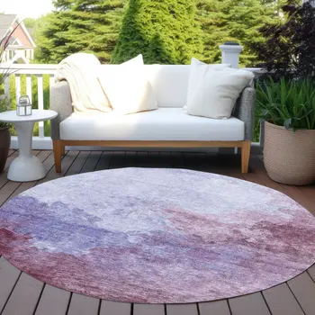 8' Purple And Lavender Round Abstract Washable Indoor Outdoor Area Rug