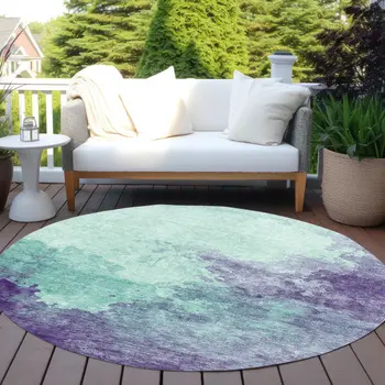 8' Blue And Purple Round Abstract Washable Indoor Outdoor Area Rug