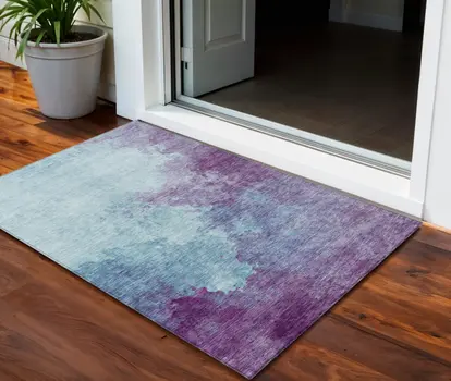 3' X 5' Sky Blue And Purple Abstract Washable Indoor Outdoor Area Rug