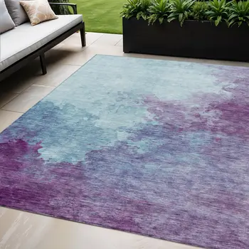 5' X 8' Sky Blue And Purple Abstract Washable Indoor Outdoor Area Rug