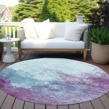 8' Sky Blue And Purple Round Abstract Washable Indoor Outdoor Area Rug