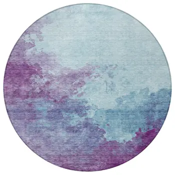 8' Sky Blue And Purple Round Abstract Washable Indoor Outdoor Area Rug