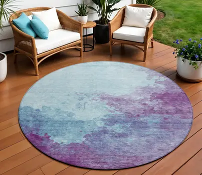 8' Sky Blue And Purple Round Abstract Washable Indoor Outdoor Area Rug