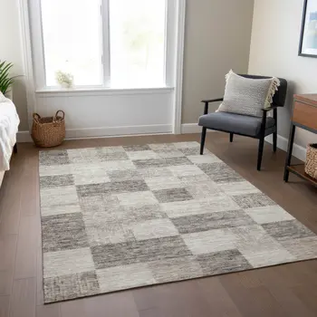 3' X 5' Beige And Gray Geometric Washable Indoor Outdoor Area Rug