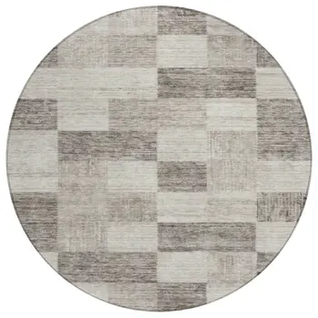 8' Beige And Gray Round Geometric Washable Indoor Outdoor Area Rug