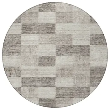 8' Beige And Gray Round Geometric Washable Indoor Outdoor Area Rug