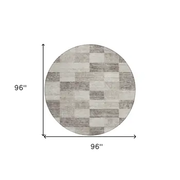 8' Beige And Gray Round Geometric Washable Indoor Outdoor Area Rug