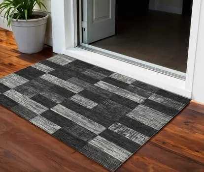 3' X 5' Black And Gray Geometric Washable Indoor Outdoor Area Rug