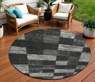 8' Black And Gray Round Geometric Washable Indoor Outdoor Area Rug