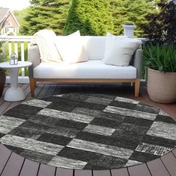 8' Black And Gray Round Geometric Washable Indoor Outdoor Area Rug