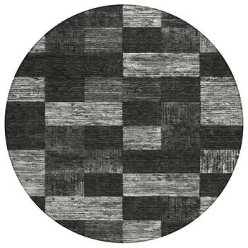 8' Black And Gray Round Geometric Washable Indoor Outdoor Area Rug