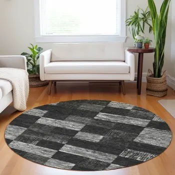 8' Black And Gray Round Geometric Washable Indoor Outdoor Area Rug
