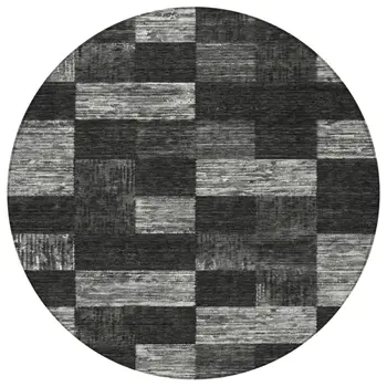 8' Black And Gray Round Geometric Washable Indoor Outdoor Area Rug