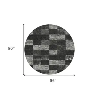 8' Black And Gray Round Geometric Washable Indoor Outdoor Area Rug