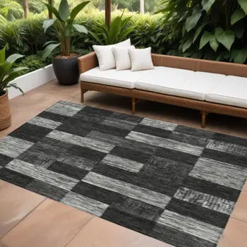8' X 10' Black And Gray Geometric Washable Indoor Outdoor Area Rug