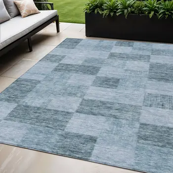 5' X 8' Denim Blue And Light Blue Geometric Washable Indoor Outdoor Area Rug