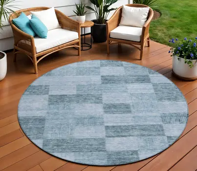 8' Denim Blue And Light Blue Round Geometric Washable Indoor Outdoor Area Rug