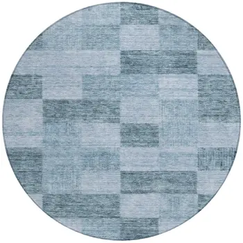 8' Denim Blue And Light Blue Round Geometric Washable Indoor Outdoor Area Rug