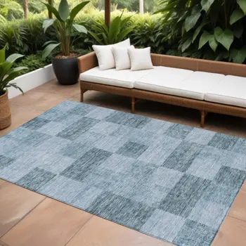 9' X 12' Denim Blue And Light Blue Geometric Washable Indoor Outdoor Area Rug