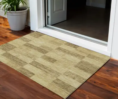 3' X 5' Gold And Brown Geometric Washable Indoor Outdoor Area Rug