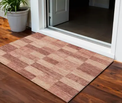 3' X 5' Terra Cotta And Pink Geometric Washable Indoor Outdoor Area Rug