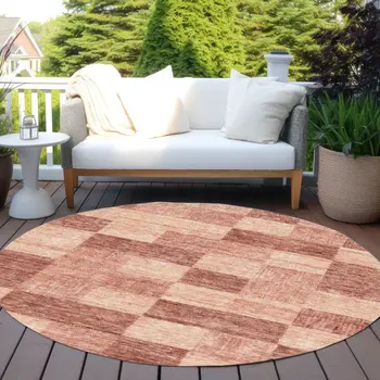 8' Terra Cotta And Pink Round Geometric Washable Indoor Outdoor Area Rug