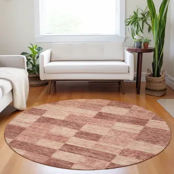 8' Terra Cotta And Pink Round Geometric Washable Indoor Outdoor Area Rug