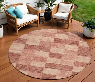 8' Terra Cotta And Pink Round Geometric Washable Indoor Outdoor Area Rug