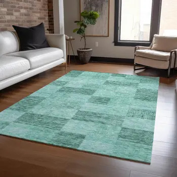 3' X 5' Blue And Aqua Geometric Washable Indoor Outdoor Area Rug