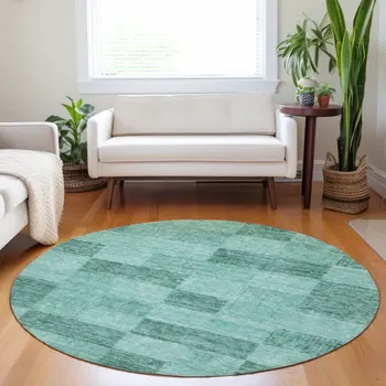 8' Blue And Aqua Round Geometric Washable Indoor Outdoor Area Rug