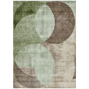 3' X 5' Artichoke Green Brown And Beige Geometric Washable Indoor Outdoor Area Rug