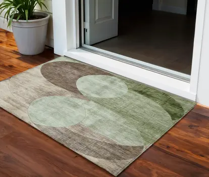 3' X 5' Artichoke Green Brown And Beige Geometric Washable Indoor Outdoor Area Rug