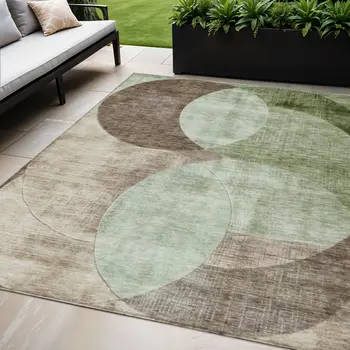 5' X 8' Artichoke Green Brown And Beige Geometric Washable Indoor Outdoor Area Rug