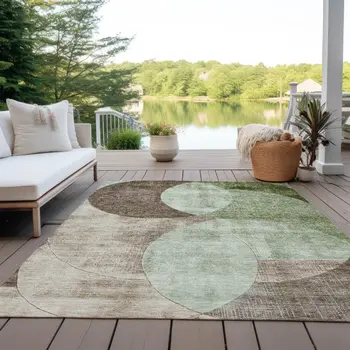 5' X 8' Artichoke Green Brown And Beige Geometric Washable Indoor Outdoor Area Rug