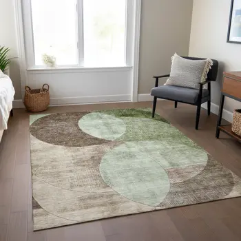 5' X 8' Artichoke Green Brown And Beige Geometric Washable Indoor Outdoor Area Rug