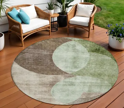 8' Artichoke Green Brown And Beige Round Geometric Washable Indoor Outdoor Area Rug