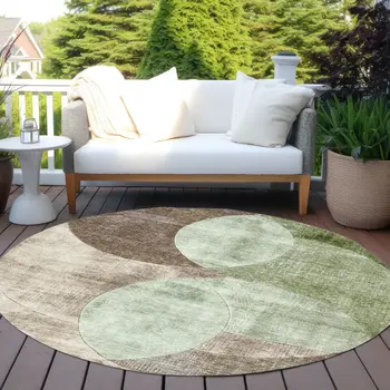 8' Artichoke Green Brown And Beige Round Geometric Washable Indoor Outdoor Area Rug