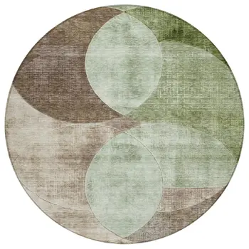 8' Artichoke Green Brown And Beige Round Geometric Washable Indoor Outdoor Area Rug